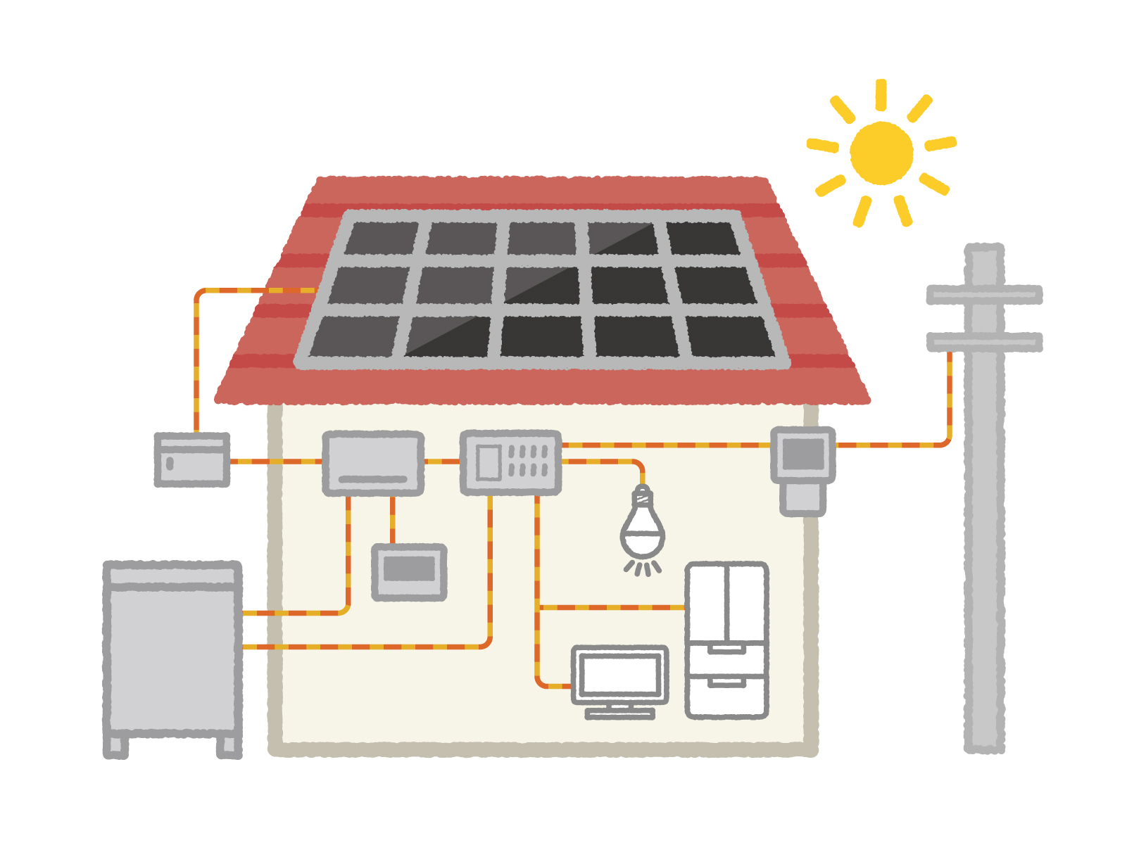 1_太陽光発電と蓄電池の仕組みのイラスト